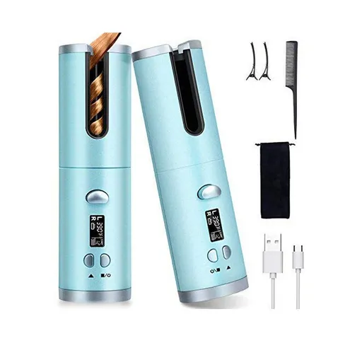 Automatic Hair Curler, Cordless Rechargeable Curling Iron with 6 Temp & Timer, Anti-Scald Portable Hair Curler for Travel（sky blue）