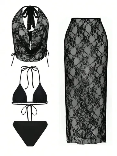 4 Piece Women's Sexy Lace Bikini Swimsuit Set, Black M Size - High Elasticity Triangle String Bikini Top & Bottom, Sheer Lace Cover-Up Top and Maxi Skirt