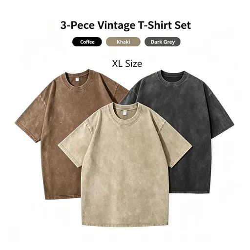 3 Pack Washed 230gsm Vintage Cotton Tee Unisex Outfit Pack Recommended Christmas Gift Coffee Brown Khaki Dark Grey Size XL