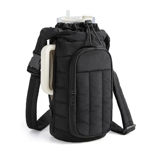 Black Nylon Quilted Insulated Water Bottle Bag for 18-64oz Flask - Lightweight Sports & Travel Puffer Shockproof Protective Pouch