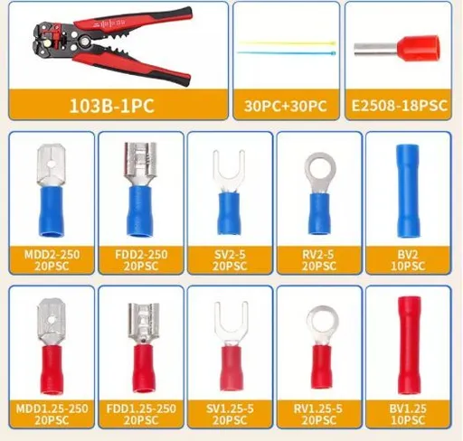 258pcs Crimp Terminal Kit with Quick Disconnect Terminals, Nylon Ties, and Wire Stripper