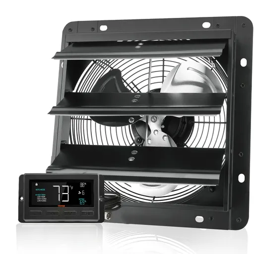 Shutter Exhaust Fan, 254mm / 10inch with Temperature Humidity Controller, EC-motor, 843 CFM, Variable Speed Adjustable Wall Mount Attic Fan, Ventilation and Cooling for Greenhouses, Garages, Sheds