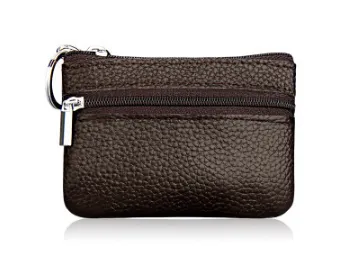 Small Coin Purse Key Ring Wallet Mini Change Pouch Dual Zipper Pocket PU Leather Portable Storage Bag Coffee