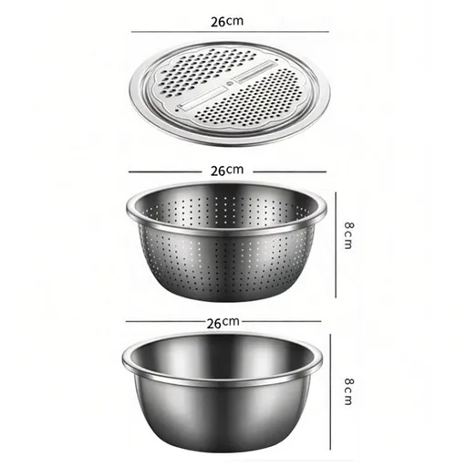 Medium size Multifunctional Stainless Steel Vegetable Slicer and Grater Bowl Set - 3-in-1 Kitchen Tool with Colander, Julienne Disc, and Deep Basin for Washing, Draining, Slicing, and Shredding Vegetables