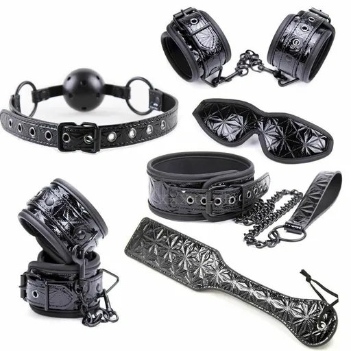 House Of Dasein Red Black 6Pc Spanking Paddle Gag Cuffs Collar Blindfold Bondage Kink Fetish Kit - Black