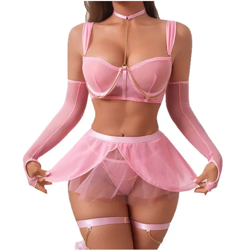 House Of Dasein Cross-Border Pure Desire Style Pink Sexy Transparent Mesh Skirt Uniform With Gloves Erotic Underwear Set - Pink - L