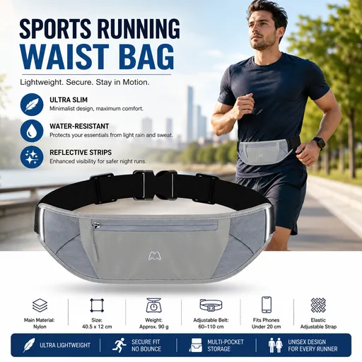 Grey Running Waist Pack—Made of waterproof nylon with an adjustable strap (fits waist sizes 60–110 cm); features a three-pocket design to store a phone and keys, includes reflective strips for safety during night runs, and is suitable for running, mo