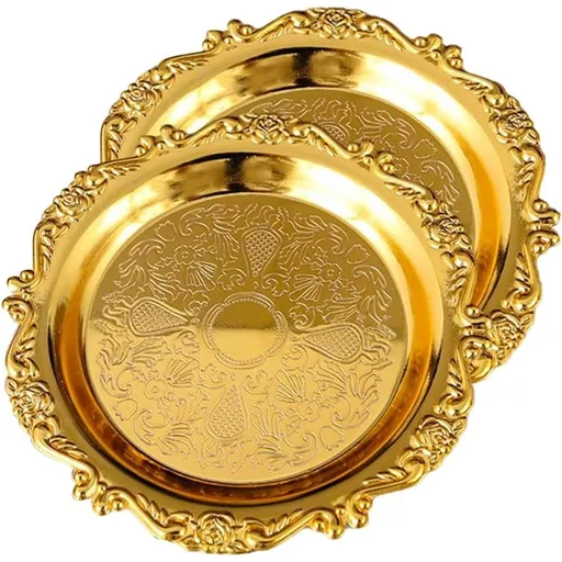 2PCS Coffee Table Tray 10cm Round Decorative Tray Vintage Metal Dessert Plates for Snacks Fruit (Golden)