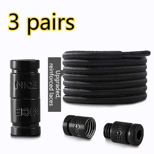 3 pairs Capsule Lock Elastic No-Tie Shoelaces, Lazy Stretch Shoe Laces for Kids, Adults, Sneakers, and Boots - Black