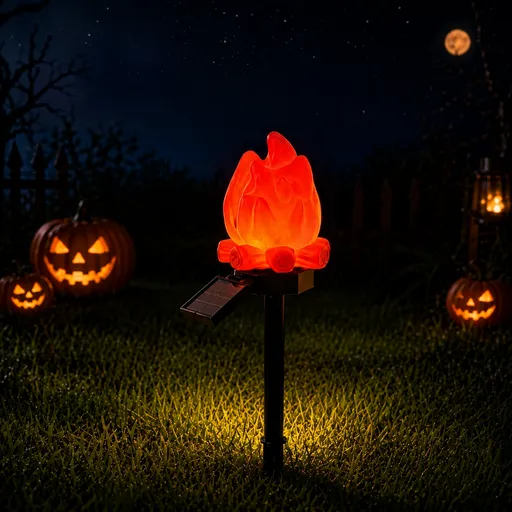 Halloween Solar Pathway Lights Set, 3 Spooky Designs Including Pumpkin with Witch Hat, Cute Ghost, and Faux Campfire, Warm Glow, Auto On/Off, Waterproof Solar Stake Lights for Outdoor Garden Yard Path Decor (Flame, 1PCS)