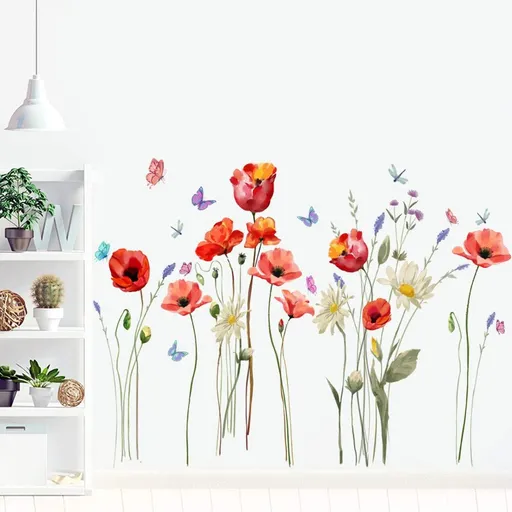 Floral Wall Decals Poppy Flowers and Butterflies Vinyl Stickers Easy Peel and Stick for Living Room Bedroom Decor