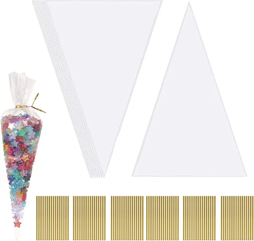 200 Pcs Clear Cone Bags Triangle Goody Bags Plastic Bags with Twist Ties Clear Cello Cellophane Bags Transparent Party Treat Sweets Bags for Baking Candy Wrapping