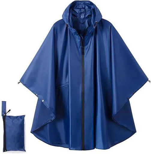 Blue Hooded Rain Poncho with Full Front Zip - Lightweight Packable Rain Cape with Zipper Pocket and Storage Pouch for Hiking, Travel and Outdoor Activities