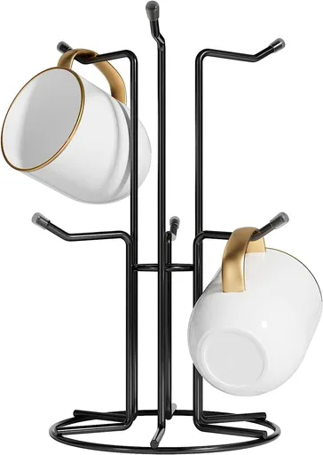 Mug Tree for Large Cups, Counter Coffee Mug Holder with 6 Hooks, Metal Coffee Cup Holder Tree, Standing Rack for Countertop, Kitchen Counter Decor, Black