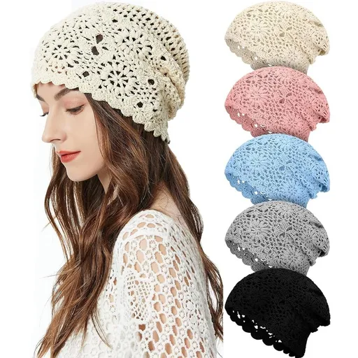 Women Cotton Slouchy Crochet Beret Handmade Cutout Floral Beanie Hat