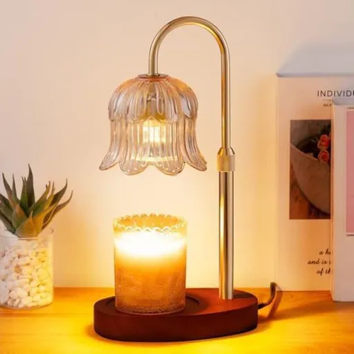 Lily of the Valley Candle Warmer Lamp with Dimmer Knob, Wooden Base Aroma Table Lamp for Bedroom Decor—Walnut Color