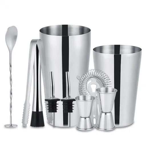 10-piece stainless steel cocktail set with 700ml shaker, bar accessories, silver