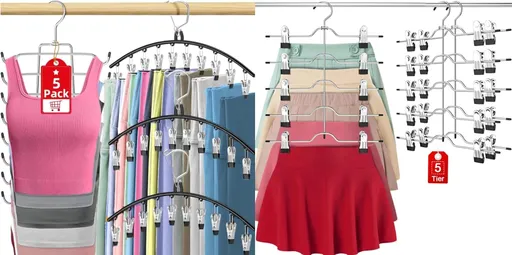 Legging Organizer for Closet Hanging, 3 Pants Leggings Hangers with 30 Clips, 2 Pack Pant Hangers Skirt Hangers, 1 Tank Top Hanger, 1 Metal Magic Space Saving Hangers Closet Organizers and Storage