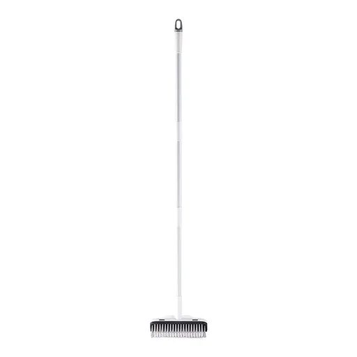 2-in-1 Floor Scrub Brush with Long Handle, Stiff Bristle Brush and Squeegee for Bathroom, Tile, Shower and Deck, White and Black