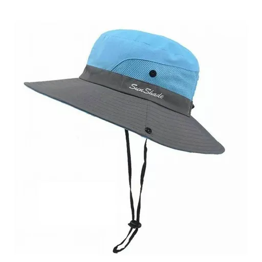 Women Wide Brim Ponytail Hat Sun Protect Visor Summer Beach Cap Anti Uv Floppy - Blue