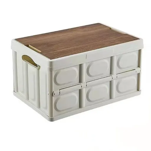 White Collapsible Medium Standard Storage Box with Wooden Table Top(42x28x23CM) - Car Trunk Organiser for Australian Camping & Home Use