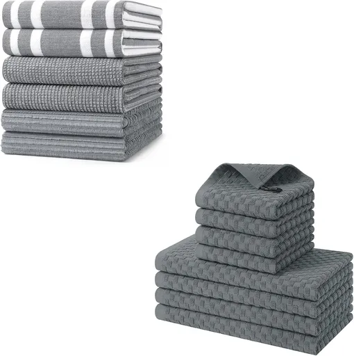 Homaxy Premium Kitchen Towels(18”x 28”, 6 Pack), Large Cotton 380 GSM Kitchen Hand Towels and 100% Cotton Kitchen Towels and Dishcloths Set(12 x 12 & 15 x 25 Inches, Set of 8 Bulk)