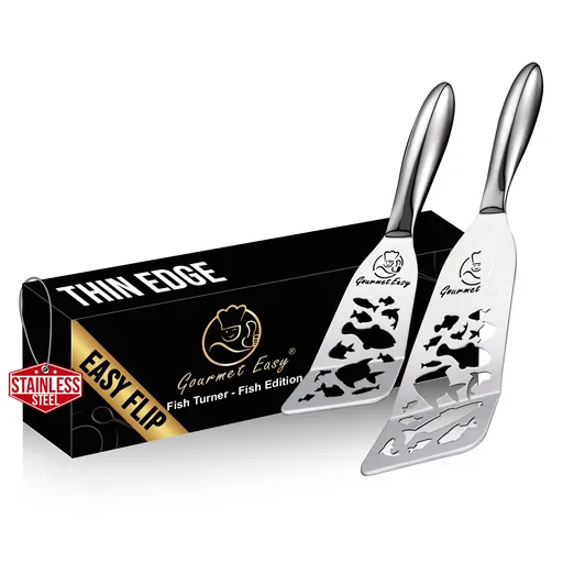 Gourmet Easy Stainless Steel Fish Spatula Set – 1 Large + 1 Small Metal Spatula (Funky Fish Editon)