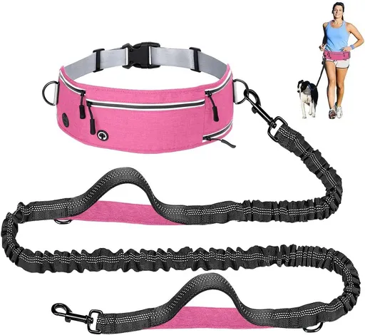 Hands Free Dog Leash With Adjustable Waist Belt, Shock Absorbing Bungee, Reflective Lead, Pockets And Bottle Holder, Pink