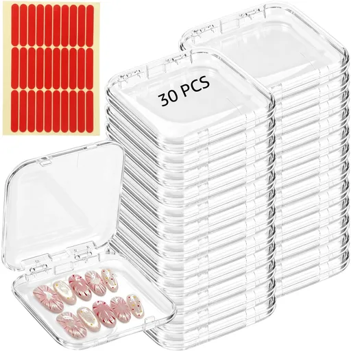 30PCS Press On Nail Cases, Clear Plastic Nail Display Boxes with 90 Adhesive Tabs, Square Organizer Containers for Jewelry Small Accessories, Portable Packaging Holders for Salon Home Use