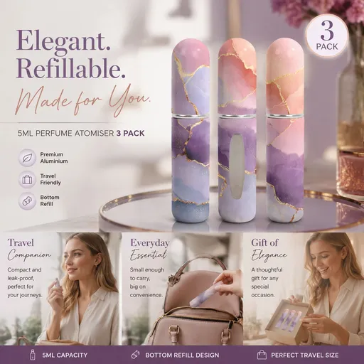 Calm Lavender Shade 5ml Refillable Travel Scent Vial, Bottom Load Easy Refill Mini Perfume Bottle 3 Pack, Lavender