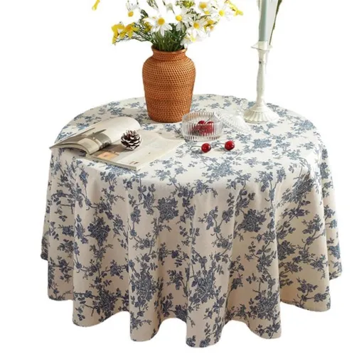 Cotton Vintage Round Tablecloth Floral Pastoral Table Cloth Washable Table Cover for Indoor&Outdoor,Farmhouse Decor,Picnic,Tabletop Decoration (Blue Floral, Round 55")