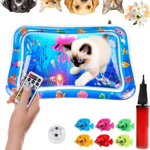 Glow Pad for Cats - 24in Light-Up Water Play Mat with LED Fish Toys, Spill-Resistant Thickened PVC Base for Floor/Tile Floors