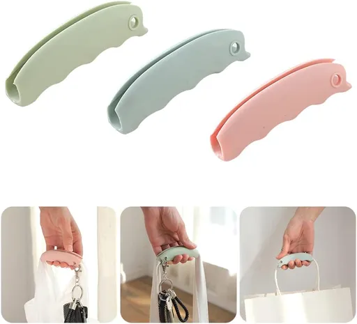 3-Piece Shopping Bag Handles Set - Blue Green Pink - Soft Padded Silicone Grips with Keyhole - Anti-Slip Comfortable Kitchen Gadget for Easy Shopping
