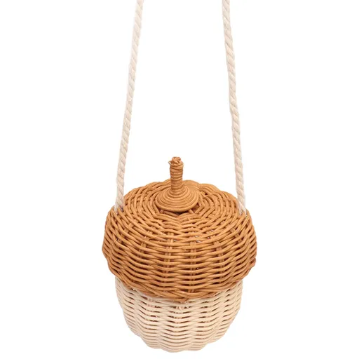Kids Rattan Storage Basket Hand Woven Decorative Acorn Shaped Basket Bag for Boys Girls Photography Props Small Shoulder Bag