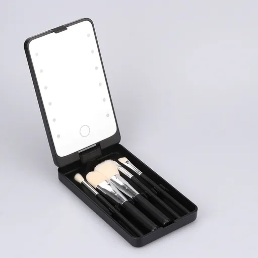 Black Portable LED Makeup Mirror with Lights & Brushes (9x2.5x16CM) - Mini Foldable Desktop Vanity Mirror with Dual Color Temperature