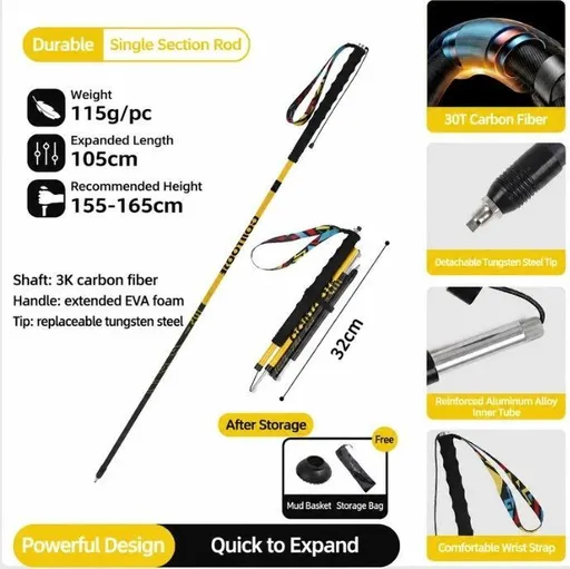 Carbon Fiber Trekking Pole, Bright Yellow - 105cm, 1 Pack (Suitable for height 155-165cm)