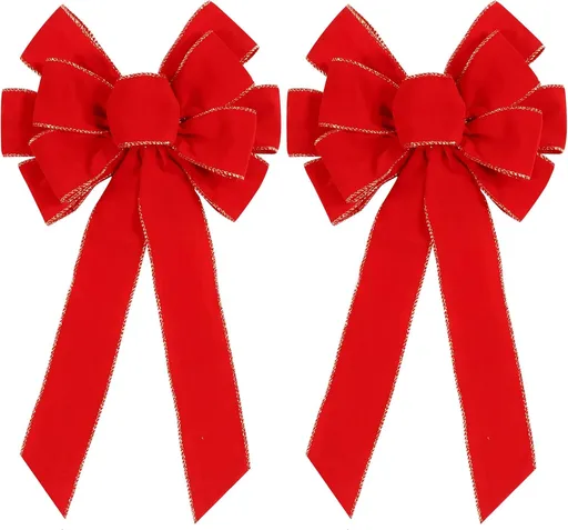 2 Pack Red Christmas Bows Outdoor Decorations,12”x20” Large Christmas Tree Topper Bow, Velvet Wreath Bow with Glitter Gold Edge for Xmas Home Front Door Decor