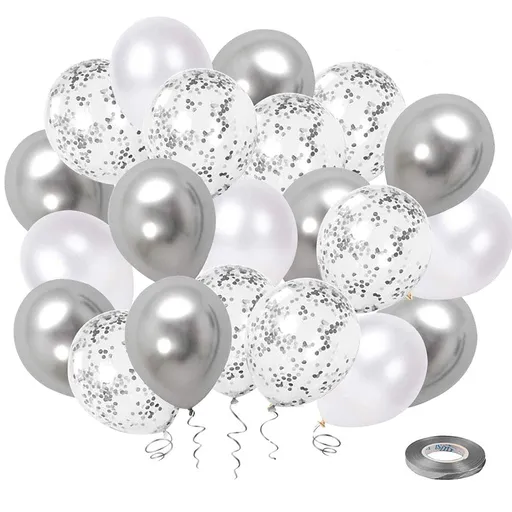 Silver Metallic Chrome Party Balloon Set with Silver Ribbon for Wedding Birthday Baby Shower Decorations