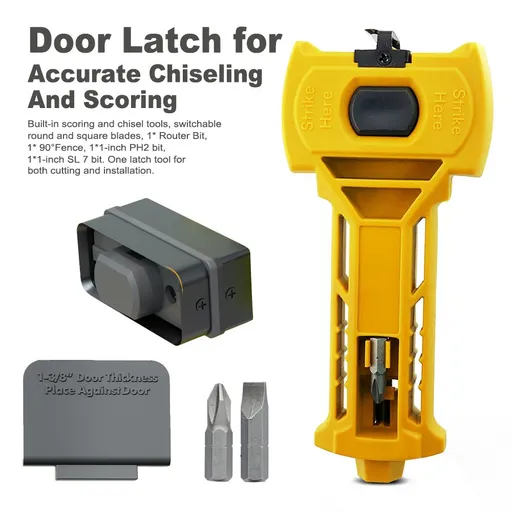 Multi-Function Door Lock Installation Chisel Tool with Interchangeable Scoring Blades, Wood Chisel, Screwdriver Bits and 90° Positioning Bracket for Precise Mortise Marking and Hardware Fitting (Yellow)