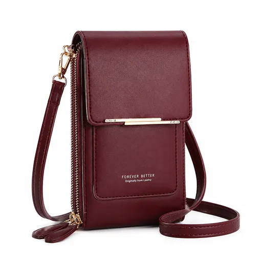 Red Touch Screen Phone Wallet Crossbody Bag for Women Vertical PU Leather Purse with Card Holder Zipper Pocket Adjustable Strap for Travel Shopping Everyday Use