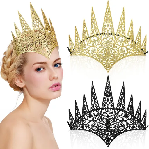 2 Pieces Royal Die Cut Queen Crown Halloween Glitter Evil Queen Crown Costume Witch Crown Cosplay Hair Accessories , Black, Gold