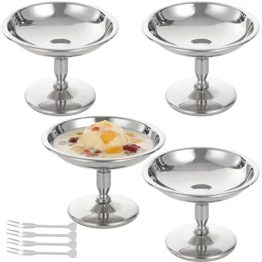 4PCS Ice Cream Cups, Stainless Steel Desserts Serving Bowls, 100ml/3.4oz Metal Dessert Cups with Forks, Decorative Reusable Salad Bowls for Homes, Parties