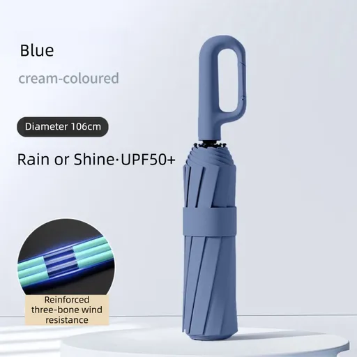 Blue Heavy Duty Fully Automatic Carabiner Umbrella with Integrated Hook Handle (Diameter 106CM) - Ultra Windproof and UV Protective Sun & Rain Umbrella