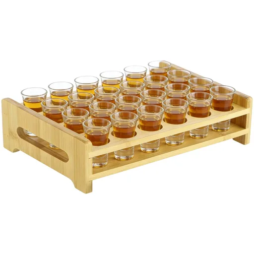 24-Hole Wood Shot Glass Display Holder, Natural Wood Serving Tray Rack Organizer for Home Bar Party, Sturdy Storage for Cocktail Shots, Test Tubes, 10.1" x 6.3" x 2.6" with 1.1" Holes