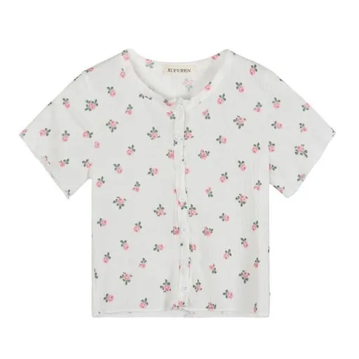 House Of Dasein Little Flower Summery Crop Top With Buttons Shirt Women - M