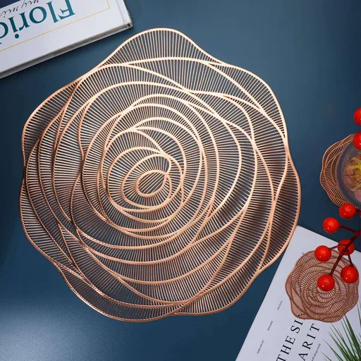 Snowkingdom Rose Gold Placemats and Coasters Set of 6 Pressed Metallic Vinyl Round Place Mats Dining Table Mats Dinning