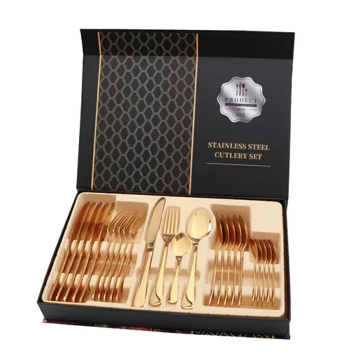 Flatware Set Stainless Steel Glossy 24 Pieces Steak Knife Fork Spoon Set for Restaurant Golden