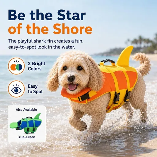 Dog Life Jacket with Shark Fin, Adjustable Pet Floatation Vest for Swimming, Boating and Beach Days, High Buoyancy Swimsuit with Rescue Handle for Small to Large Dogs (XS, Orange)