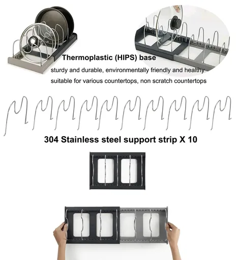 Expandable Pans Organizer Rack, 10 Adjustable Compartments to Storage Pot, lid, Tableware, Pot Lid Organizer Pan Holder Rack