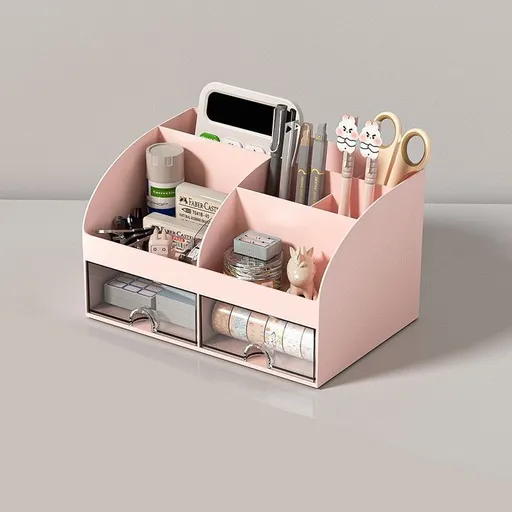 Pink Double Drawer Desk Storage Organiser, Thickened Non-Toxic Container, All-Round Caddy For Gentle Minimalist Workspace